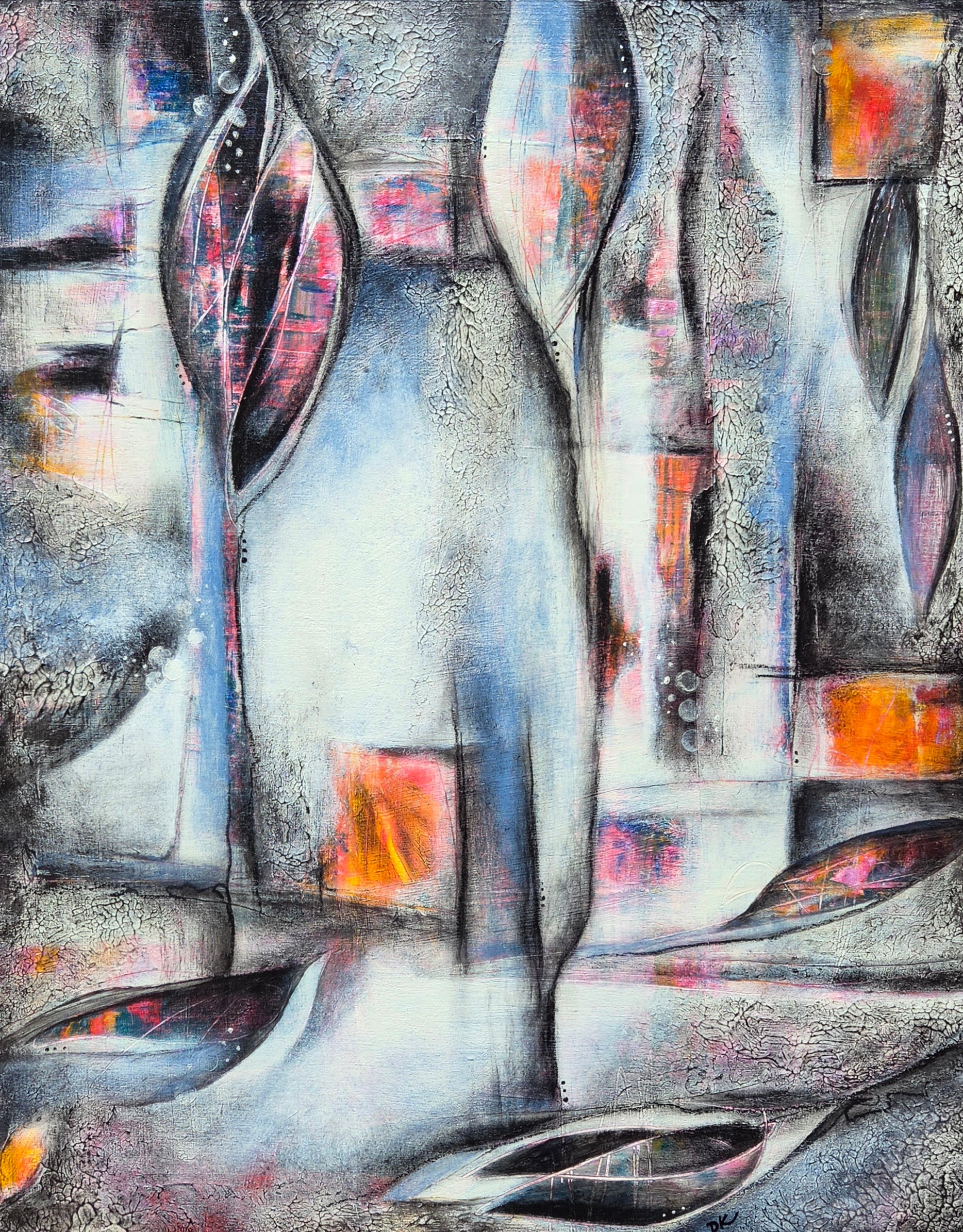 Abstract painting with elongated shapes and vibrant colors, featuring a central figure-like form and surrounding patterns.