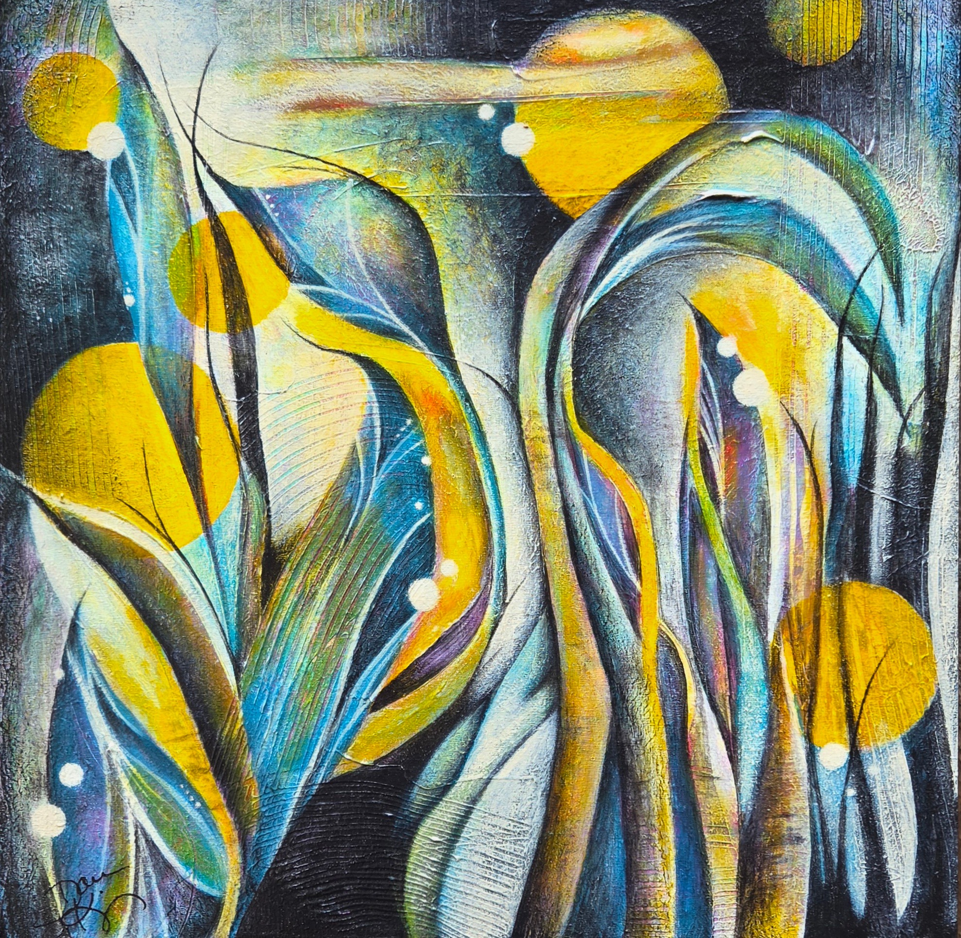 Abstract painting with yellow, blue, and gray shapes resembling plants and flowers, with circular elements and dynamic lines.