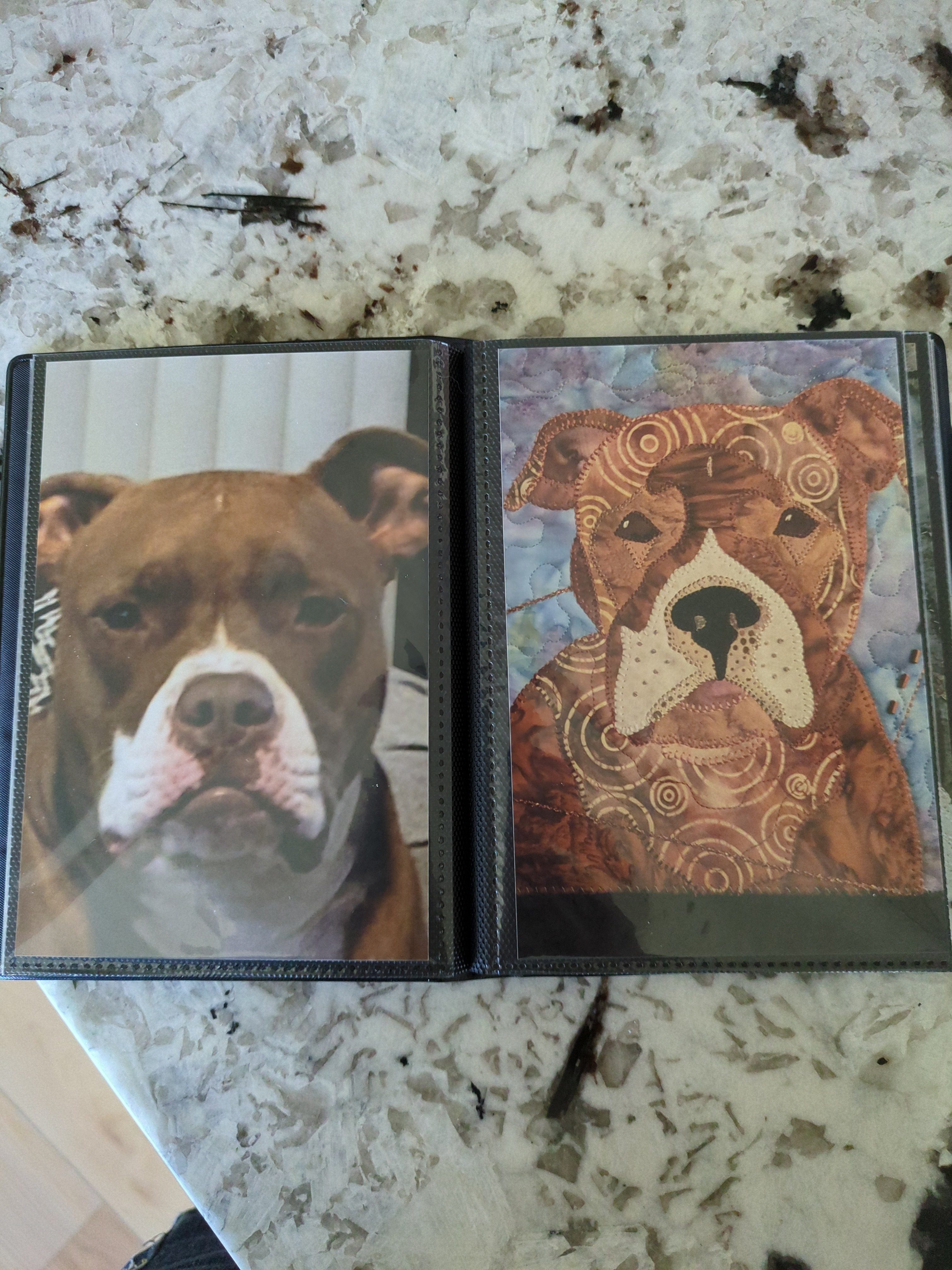 Open photo album with two pages showing a dog and a painting of a dog, placed on a snowy surface.
