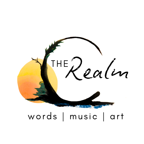 Silhouette of a person sitting by a large sun with a tree and water, against a black background.