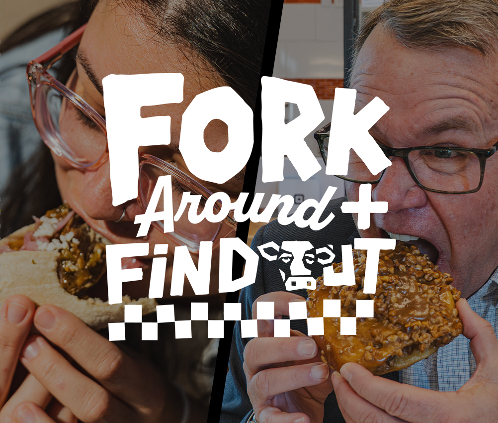 Two people eating fried chicken, with text overlay reading 'FORK Around + FIND OUT'.