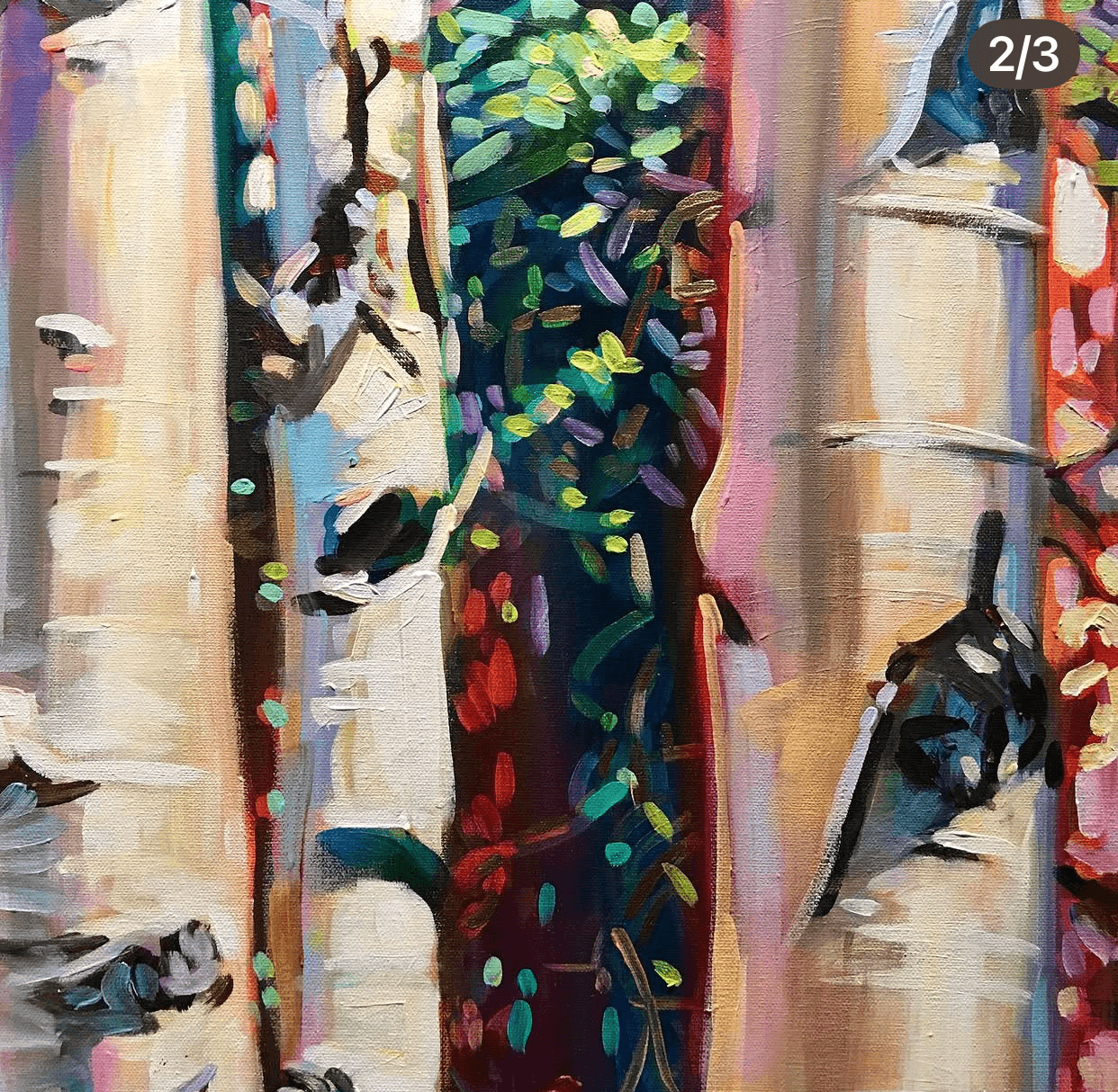 Abstract painting with vertical lines and colorful dots, resembling trees or plants, in warm and cool tones.