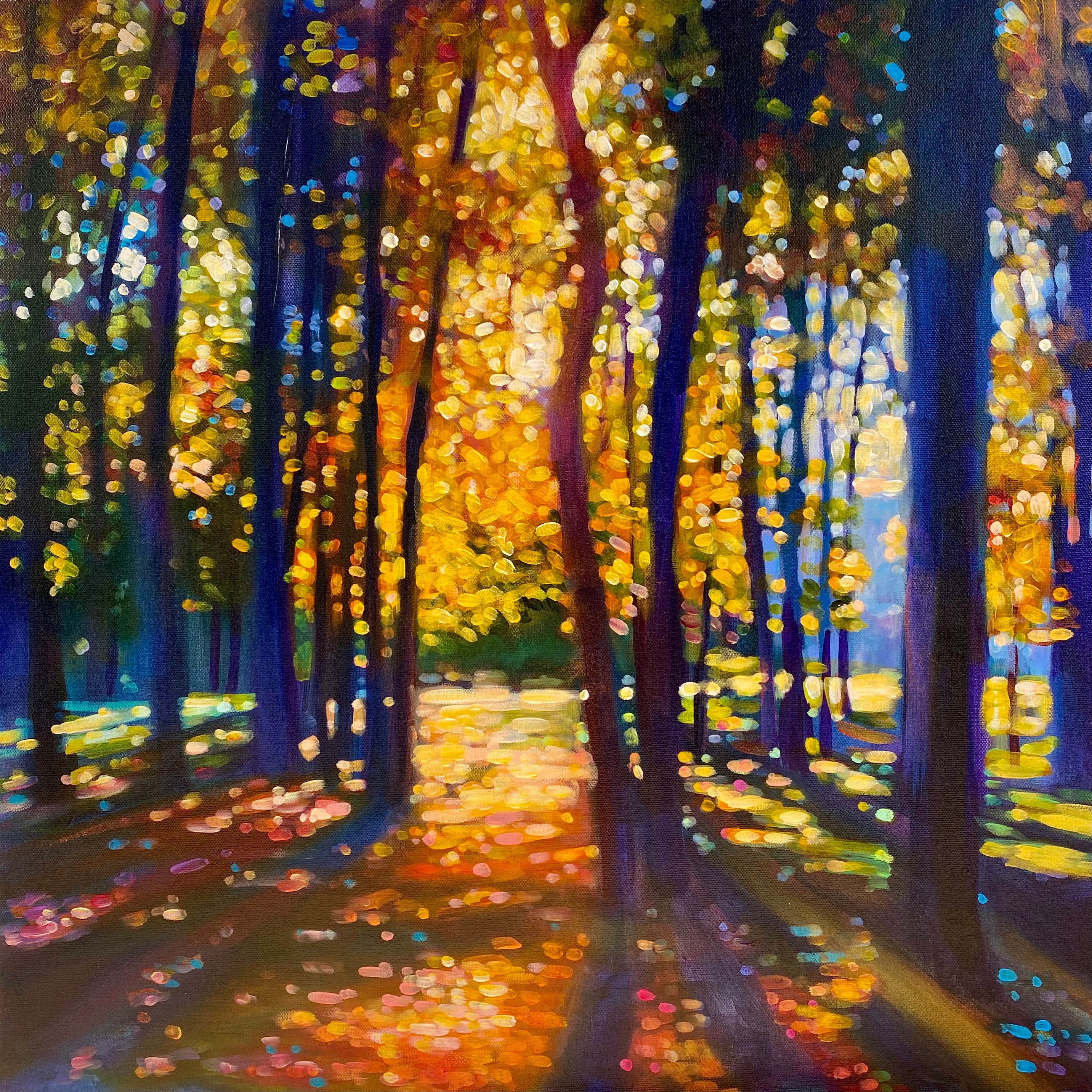 Colorful forest scene with sunlight filtering through trees, casting shadows on the ground, in an impressionistic style.