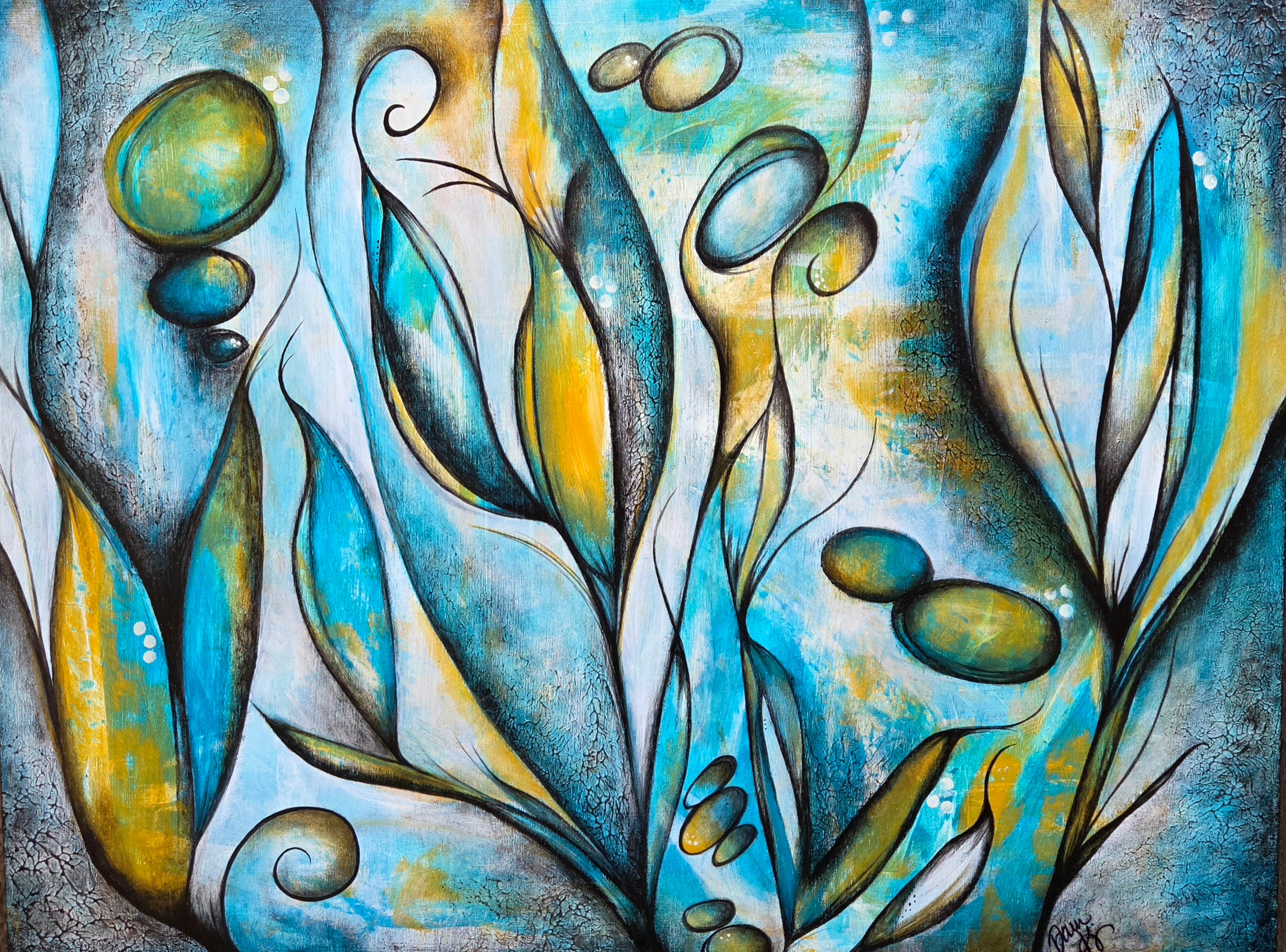 Abstract painting with blue, yellow, and black shapes resembling leaves and flowers, with swirling patterns and textured background.